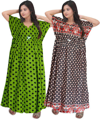 Saviaara Women Nighty(Green, Multicolor)
