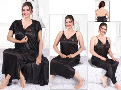 Naami Women Nighty with Robe(Black)