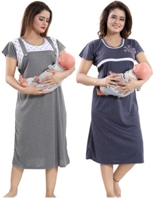 Eladystore Women Nighty Set(Grey, Blue)