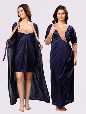 LoveMagnet Women Nighty with Robe(Dark Blue)