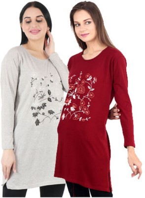 CRAFTLY Women Nightshirts(Maroon, Grey)