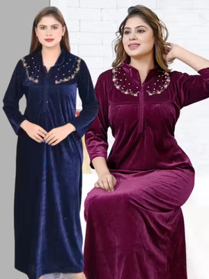 CLOTHUS Women Nighty with Robe(Purple)