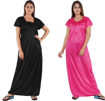 REN STAR Women Nighty(Black, Pink)