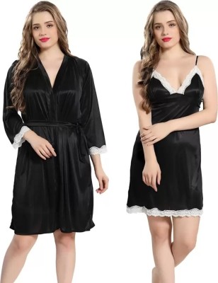 WONDERBELLA Women Nighty with Robe(Black)