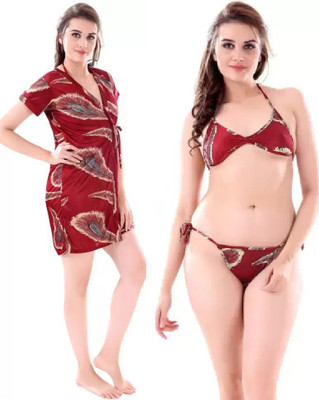 GOODNIGHT GLAM Women Robe and Lingerie Set(Maroon)