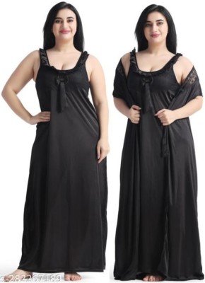 SHRI RADHEY FASHION Women Nighty with Robe(Black)