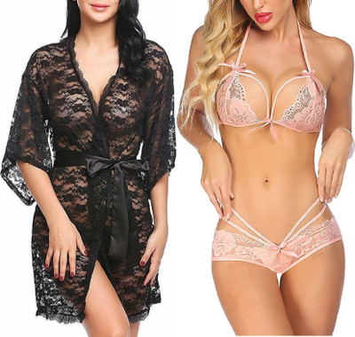 IyaraCollection Women Robe and Lingerie Set(Black, Pink)