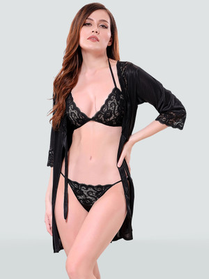 DreamBe Women Robe and Lingerie Set(Black)
