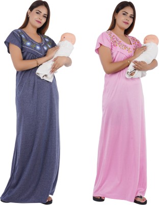 Asaaskm Women Maternity/Nursing Nighty(Dark Blue, Pink)