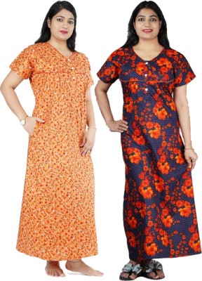 FAVNIC Women Nighty Set(Orange, Dark Blue)