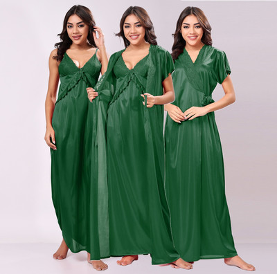 LoveMagnet Women Nighty with Robe(Dark Green)