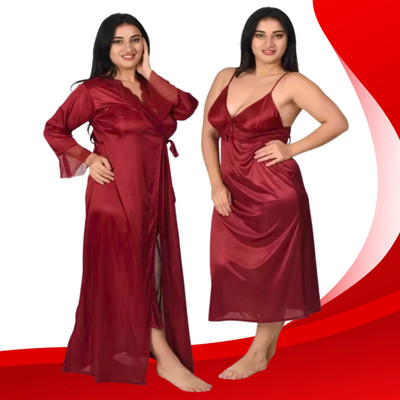 CAT LEYER Women Nighty with Robe(Maroon)