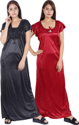 EGET Women Nighty(Black, Maroon)