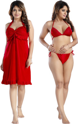 HouseOfCommon Women Robe and Lingerie Set(Maroon)