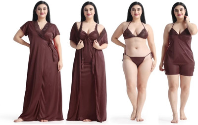 XPIOX Women Nighty Set(Brown)