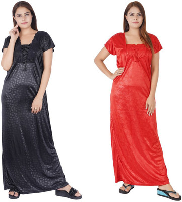 INSTRY Women Nighty Set(Black, Red)