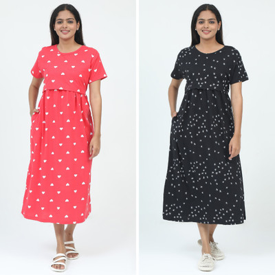 Mayaval Women Maternity/Nursing Nighty(Red, Black)