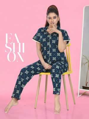 Glam World Women Printed Dark Blue Shirt & Pyjama set