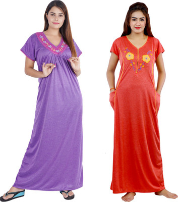 NACNO Women Nighty Set(Purple, Red)
