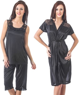 ROWENA Women Nighty with Robe(Black)