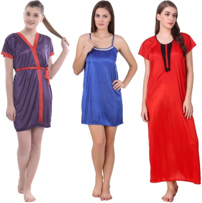 YUALIN CREATION Women Nighty Set(Red, Blue, Purple)