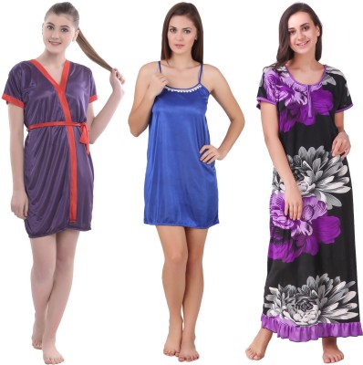 YUALIN CREATION Women Nighty Set(Purple, Blue, Black)