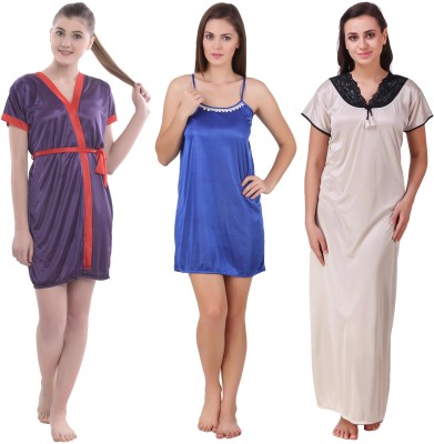 YUALIN CREATION Women Nighty with Robe(White, Blue, Purple)