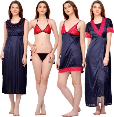 Boosah Women Nighty with Robe(Dark Blue)