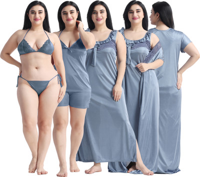 THUMKA Women Nighty Set(Silver)