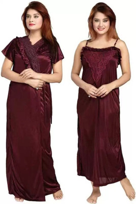 GLOUTO Women Nighty with Robe(Brown)