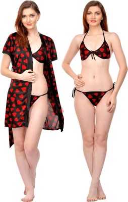 Boosah Women Nighty with Robe(Red, Black)