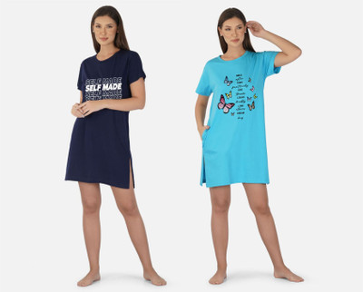 DreamBe Women Nightshirts(Dark Blue, Light Blue)