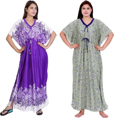 NACNO Women Nighty Set(Purple, Green)