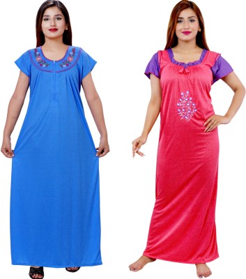 NACNO Women Nighty(Blue, Pink)