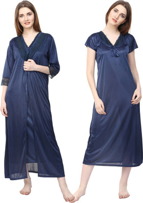 ROWENA Women Nighty with Robe(Dark Blue)