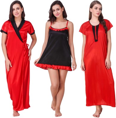 YUALIN CREATION Women Nighty Set(Red)