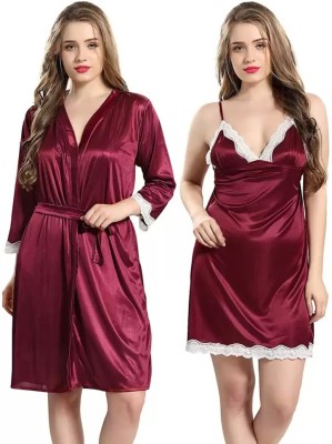 Fashion Count Women Nighty with Robe(Maroon, White)