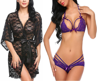 IyaraCollection Women Robe and Lingerie Set(Black, Purple)