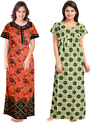 Savicreation Women Nighty(Orange, Green)