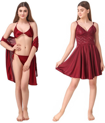 Romaisa Women Nighty Set(Maroon)
