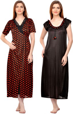 PHALIN Women Nighty with Robe(Red, Black)