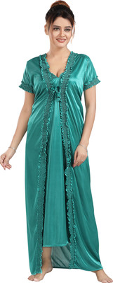 SHLOKE Women Nighty with Robe(Light Green)