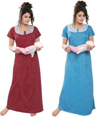 Eladystore Women Maternity/Nursing Nighty(Maroon, Light Blue)