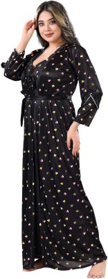 ZAIRRA Women Nighty with Robe(Black)