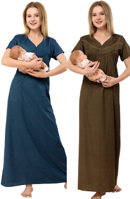 piu Women Maternity/Nursing Nighty(Blue, Green)