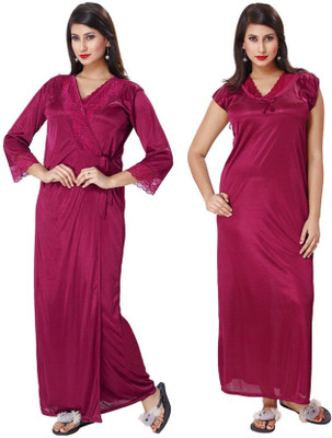 ROWENA Women Nighty with Robe(Maroon)