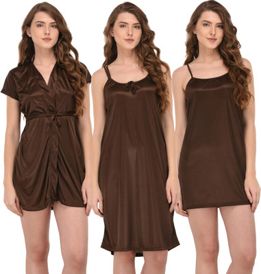TIPSDRAW Women Nighty with Robe(Brown)
