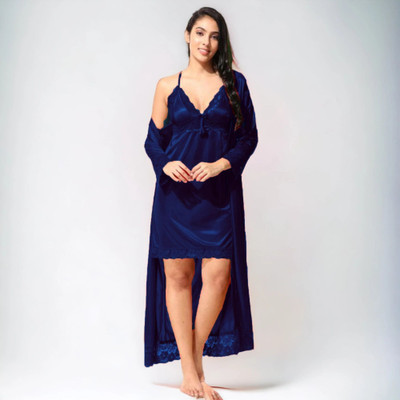 SIAMI Women Nighty Set(Dark Blue)