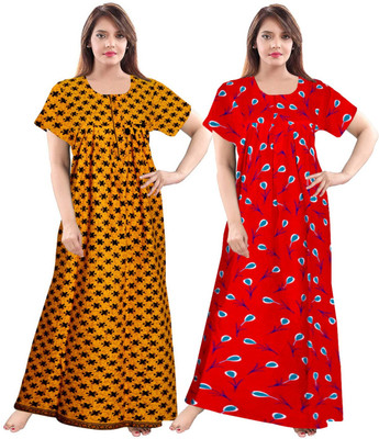 AakarShana Women Nighty(Yellow, Red)