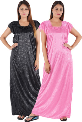 EGET Women Nighty(Black, Pink)